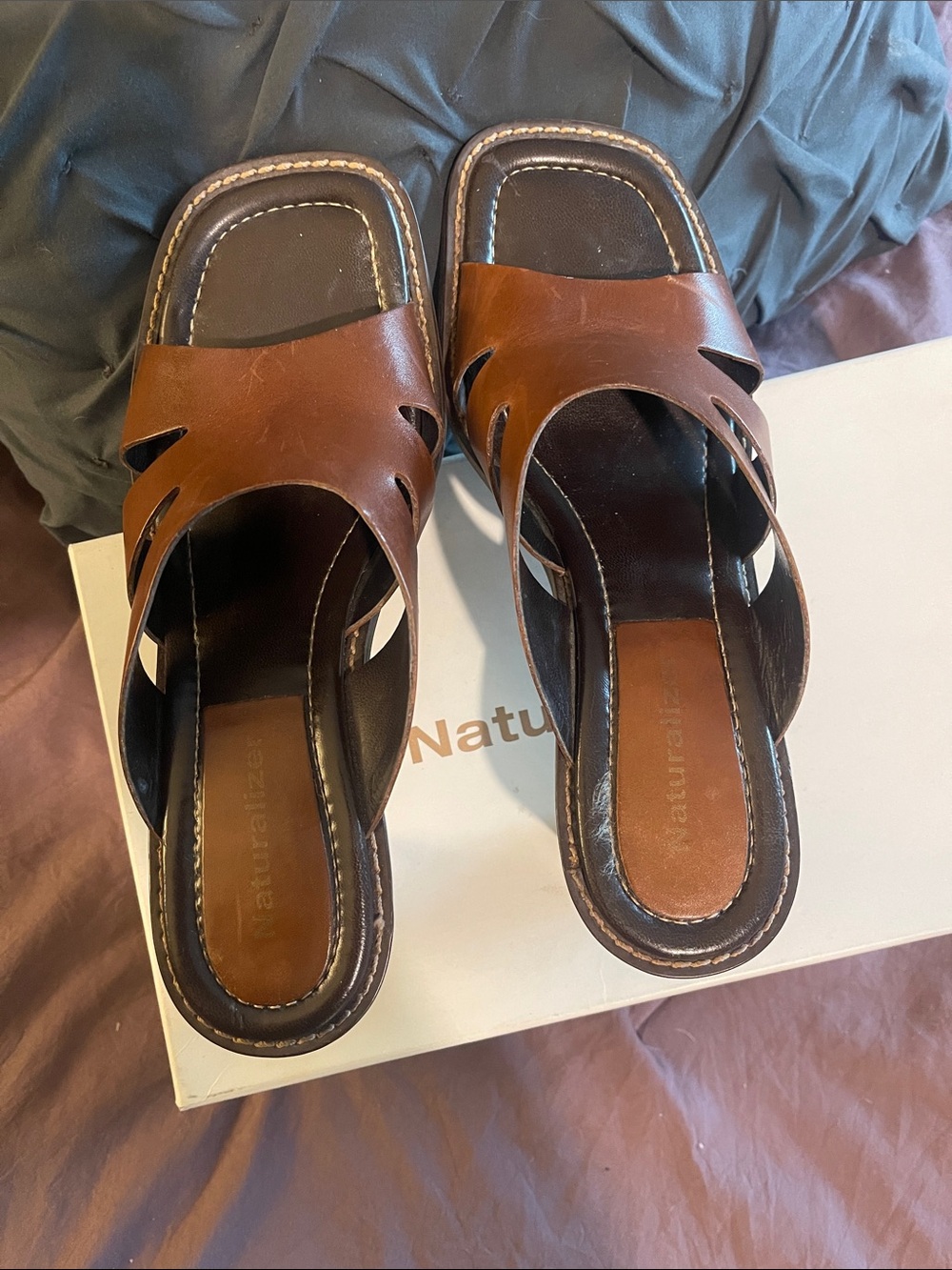 Naturalizer Cognac Brown Leather Slide Sandals